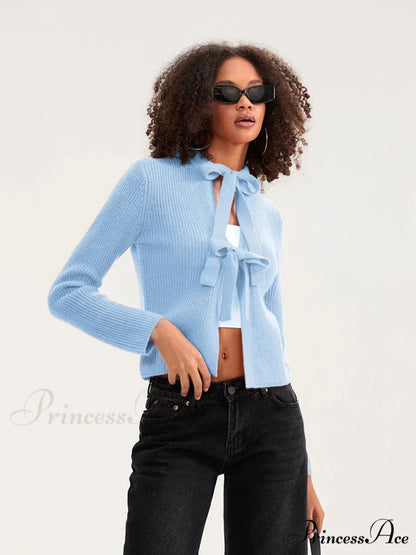 Tie Front Crew Neck Knit Cardigan cardigans-241228