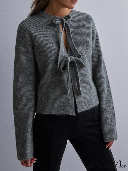 Tie Front Crew Neck Knit Cardigan darkgrey / S cardigans-241228
