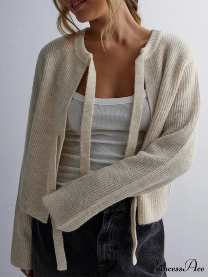Tie Front Crew Neck Knit Cardigan gray / S cardigans-241228