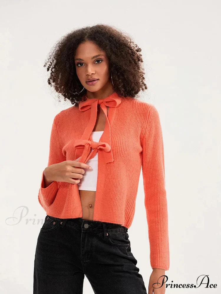 Tie Front Crew Neck Knit Cardigan orange / S cardigans-241228