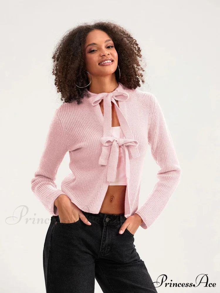 Tie Front Crew Neck Knit Cardigan pink / S cardigans-241228