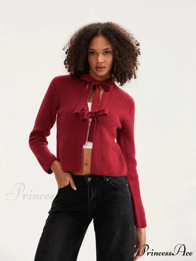 Tie Front Crew Neck Knit Cardigan red / S cardigans-241228