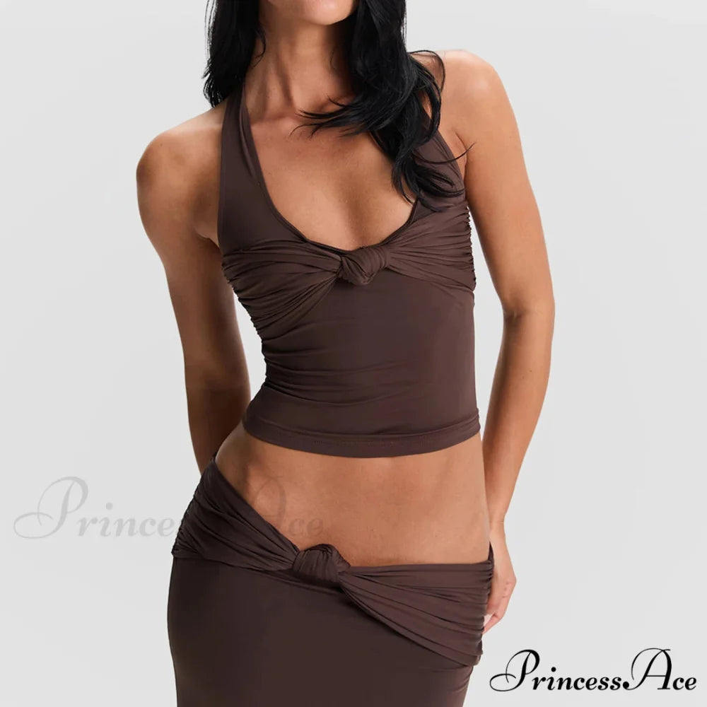 Tie Front Halter Crop Top Brown / S croptop-250223