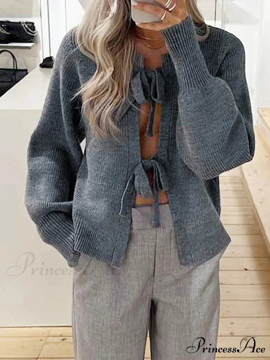 Tie Front Knit Autumn Cardigan GRAY / S