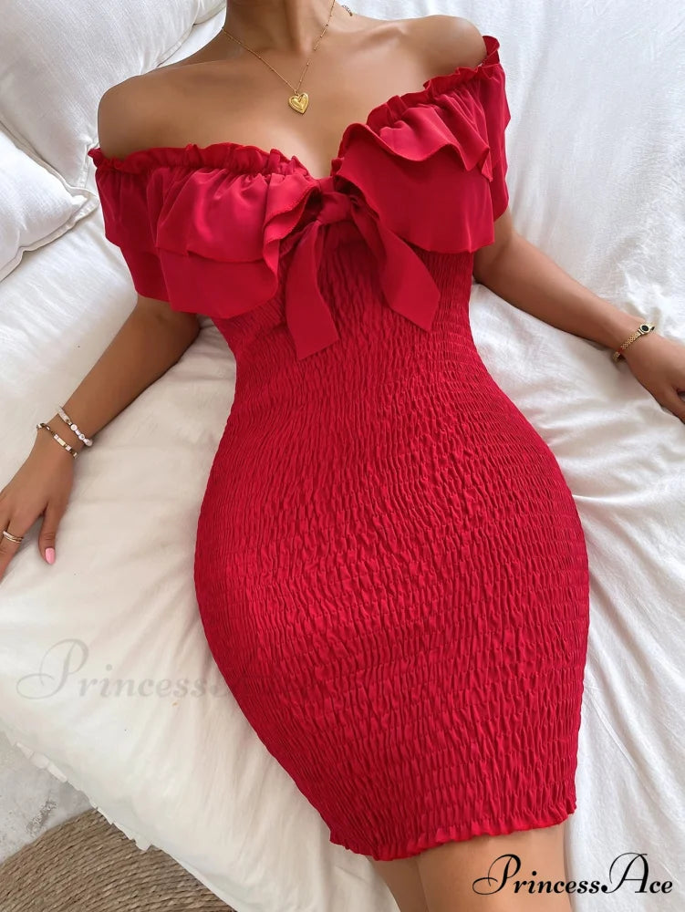Tie Front Off Shoulder Ruffle Trim Shirred Bodycon Dress
