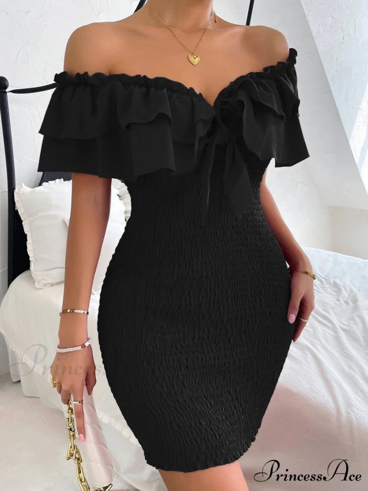 Tie Front Off Shoulder Ruffle Trim Shirred Bodycon Dress Black / XS