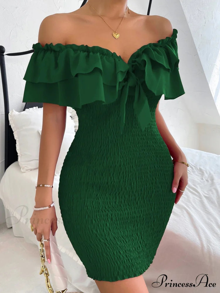 Tie Front Off Shoulder Ruffle Trim Shirred Bodycon Dress Green / XS