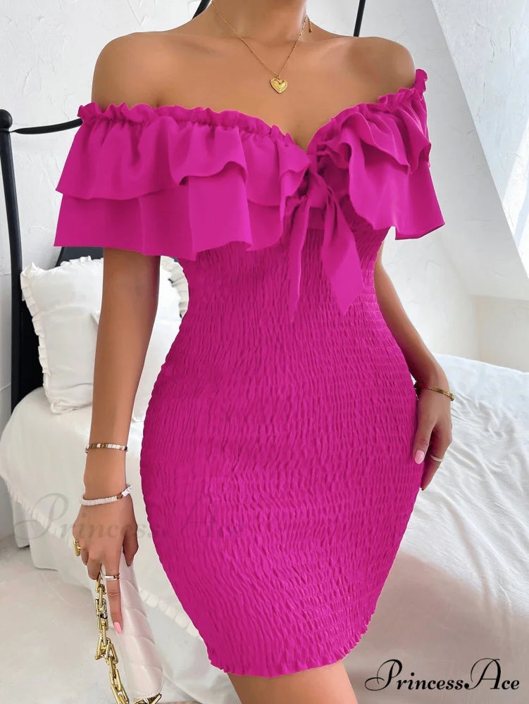 Tie Front Off Shoulder Ruffle Trim Shirred Bodycon Dress Hot Pink / XS
