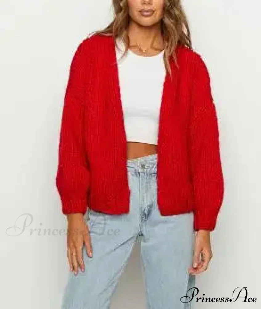 Tie Front V-neck Sweater red / S cardigans-241228