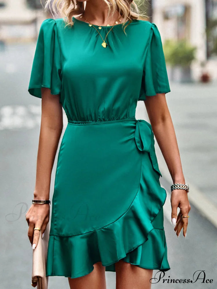 Tie Gown Color Solid Ruffle Waist for Women