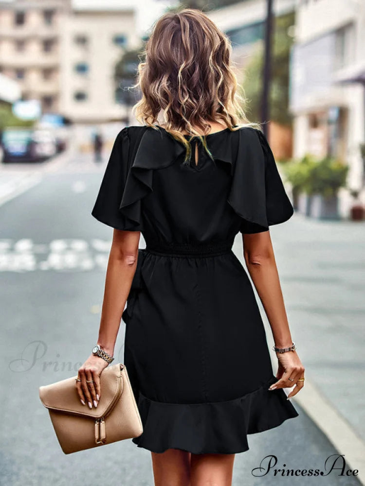 Tie Gown Color Solid Ruffle Waist for Women