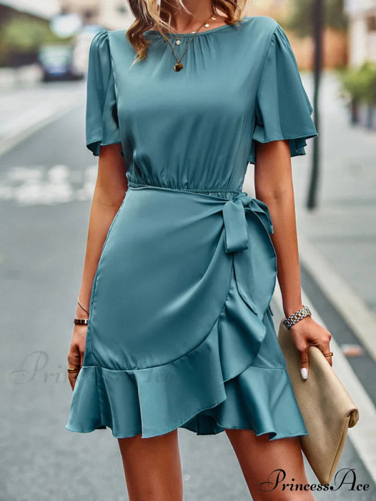 Tie Gown Color Solid Ruffle Waist for Women