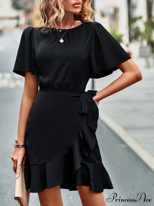 Tie Gown Color Solid Ruffle Waist for Women Black / S