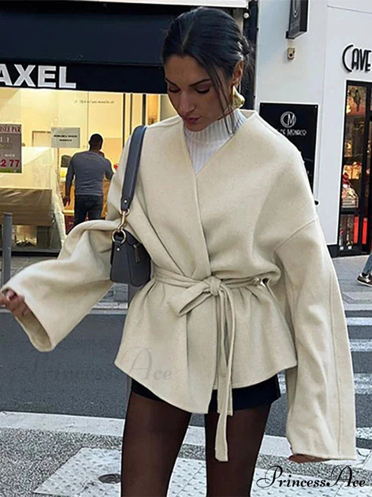 Tie Lace-Up V-Neck Belted Overcoat overcoats-241228