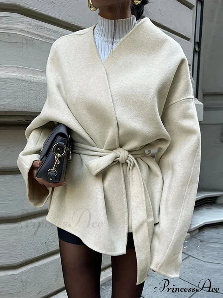 Tie Lace-Up V-Neck Belted Overcoat overcoats-241228