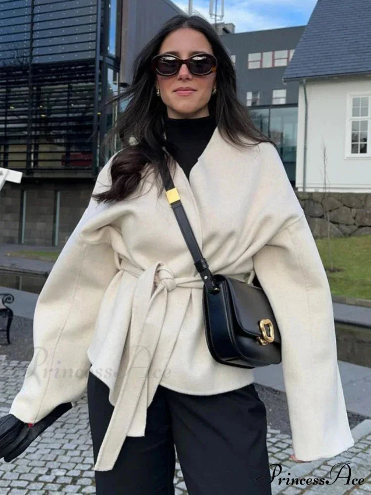 Tie Lace-Up V-Neck Belted Overcoat white / S overcoats-241228