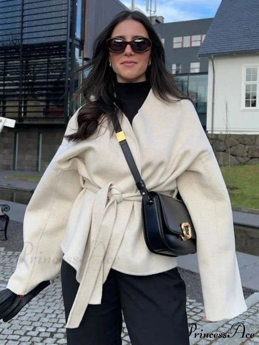 Tie Lace-Up V-Neck Belted Overcoat white / S overcoats-241228