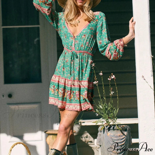 Tie Neck Flower Pattern Long Sleeve Cultural Cotton Mini Boho Dress Green / S bohodress-250126