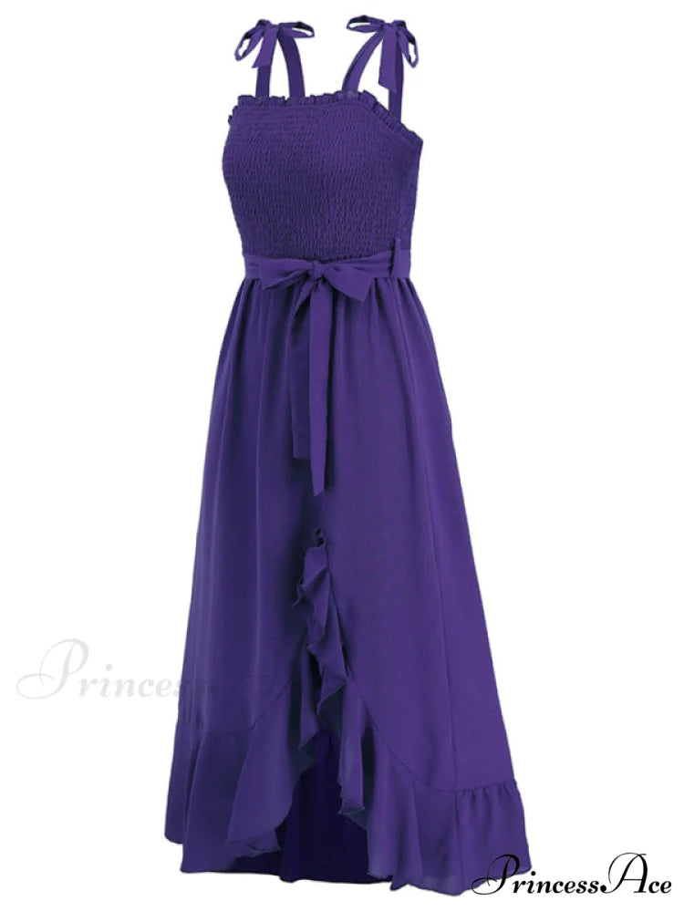 Tie Smock Solid Color Shoulder Slit Ruffle Midi for Gown Women