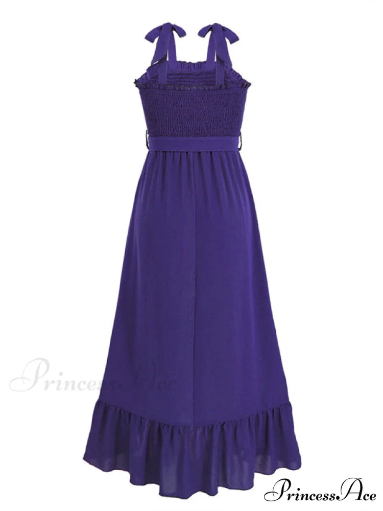 Tie Smock Solid Color Shoulder Slit Ruffle Midi for Gown Women