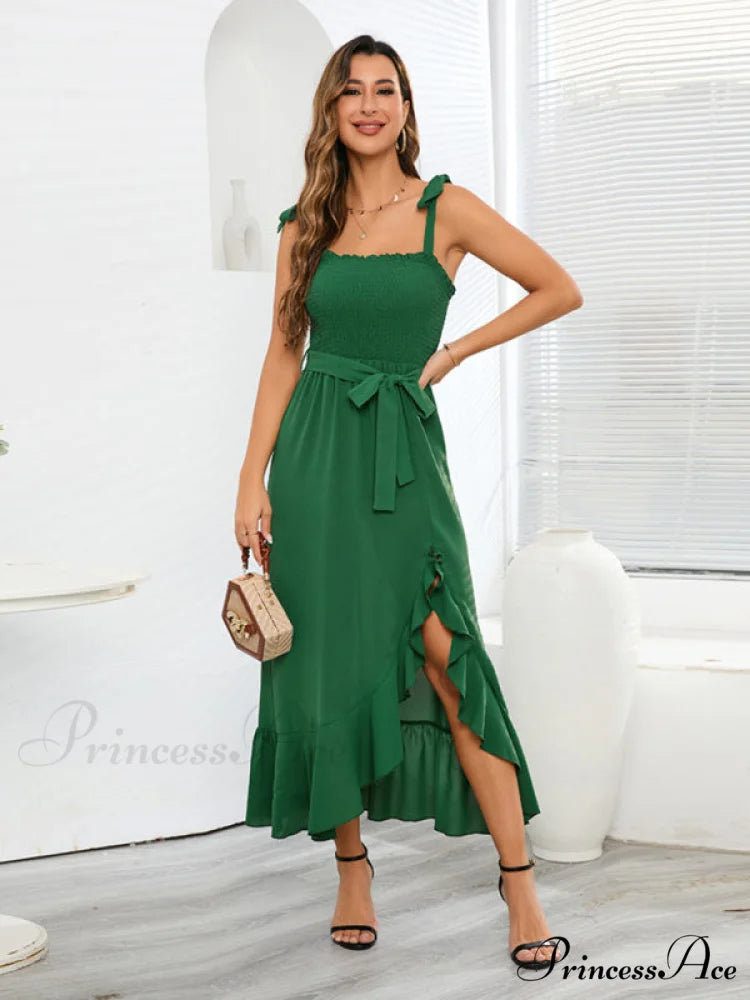 Tie Smock Solid Color Shoulder Slit Ruffle Midi for Gown Women Green / S
