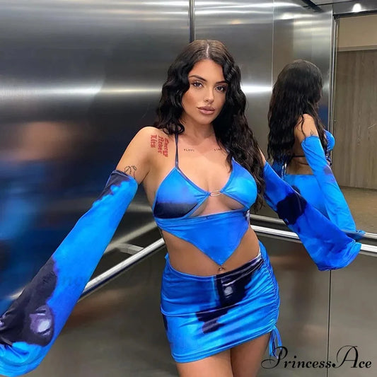 Tie-up Bandage Bodycon Mini Skirt Two Piece Set Blue / S twopieceset-250223