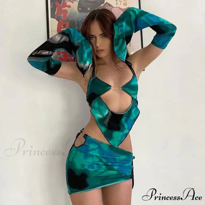 Tie-up Bandage Bodycon Mini Skirt Two Piece Set Cyan / S twopieceset-250223