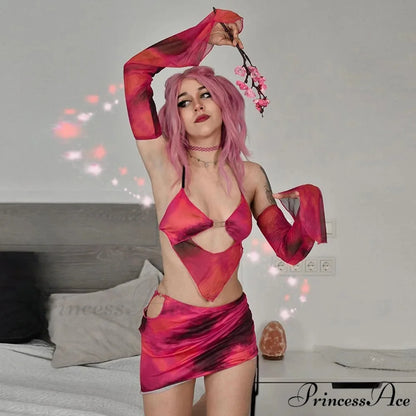Tie-up Bandage Bodycon Mini Skirt Two Piece Set Red / S twopieceset-250223