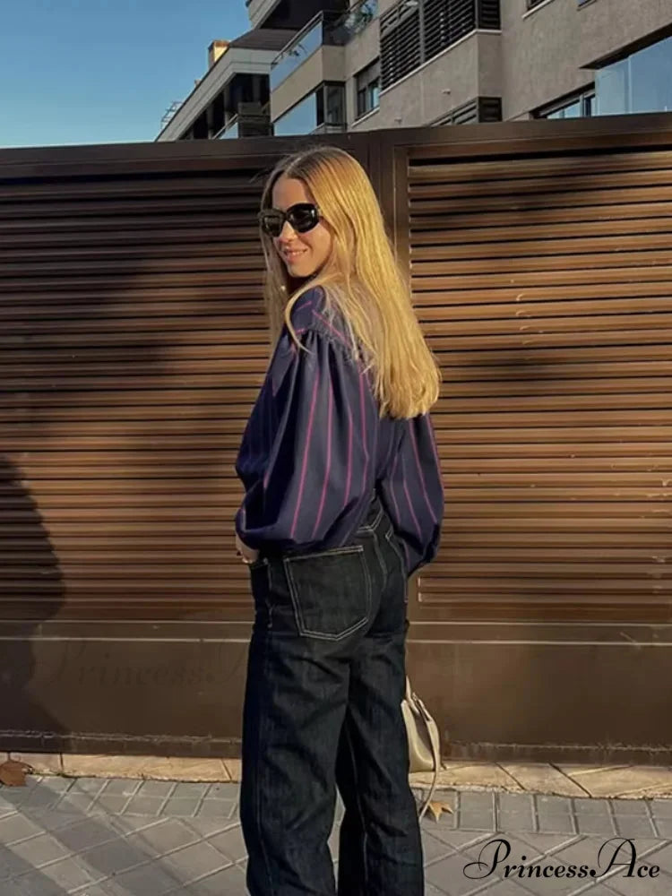 Tie Up Crash Striped Circular Neck Blouse blouse-250223