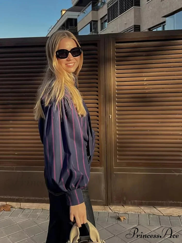 Tie Up Crash Striped Circular Neck Blouse blouse-250223