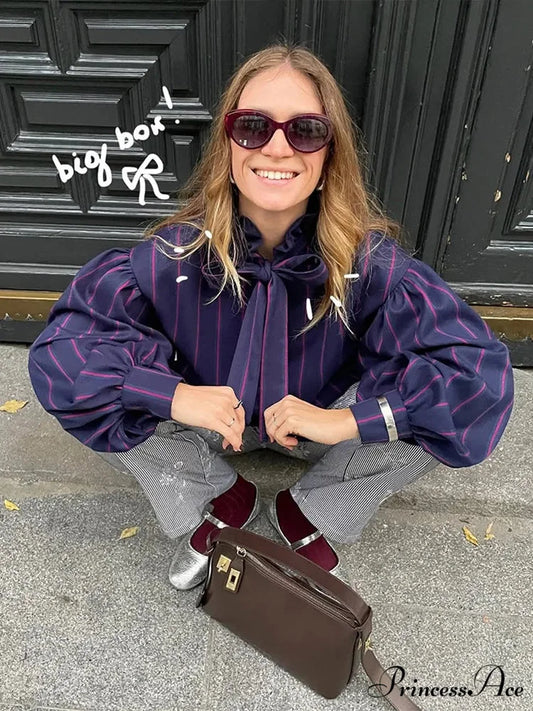 Tie Up Crash Striped Circular Neck Blouse blouse-250223