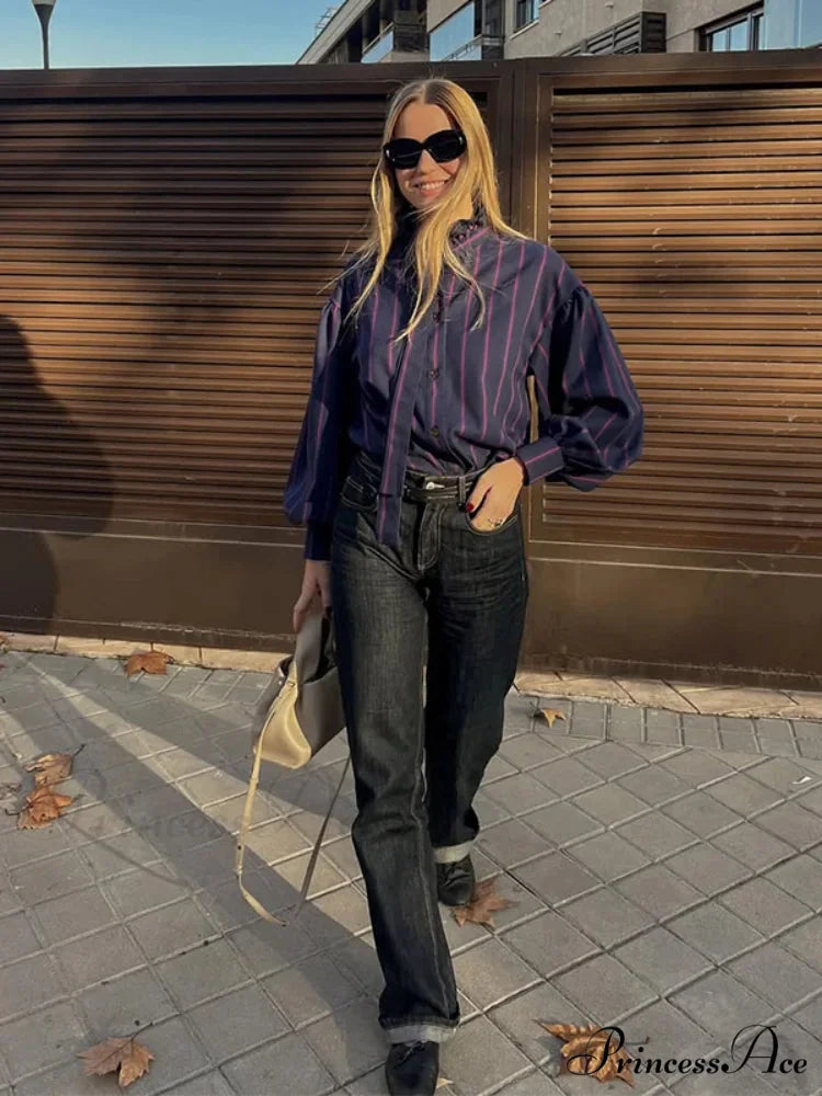 Tie Up Crash Striped Circular Neck Blouse blouse-250223