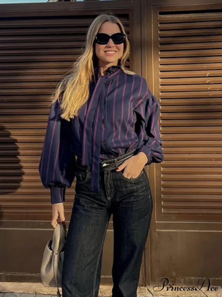 Tie Up Crash Striped Circular Neck Blouse blouse-250223