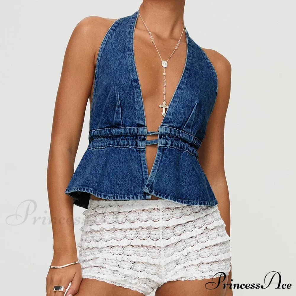 Tie-Up Denim Crop Top DEEP BLUE / S croptop-250223