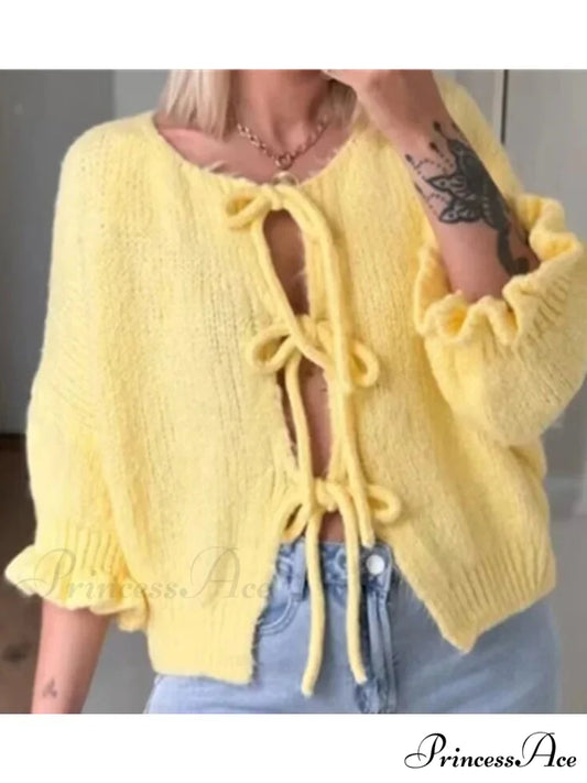 Tie-Up Flower Sleeve Chunky Knit Round Neck Cardigan BB SW6295 / S cardiagn-250126