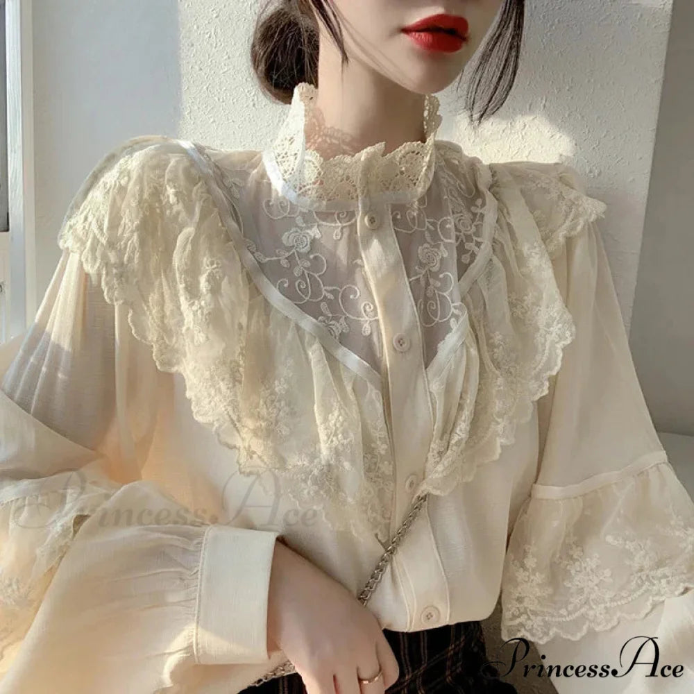 Tie Up Frilled Cute Baggy Spring Blouse blouse-250126