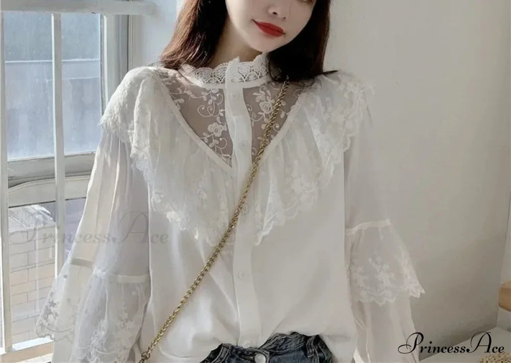 Tie Up Frilled Cute Baggy Spring Blouse blouse-250126