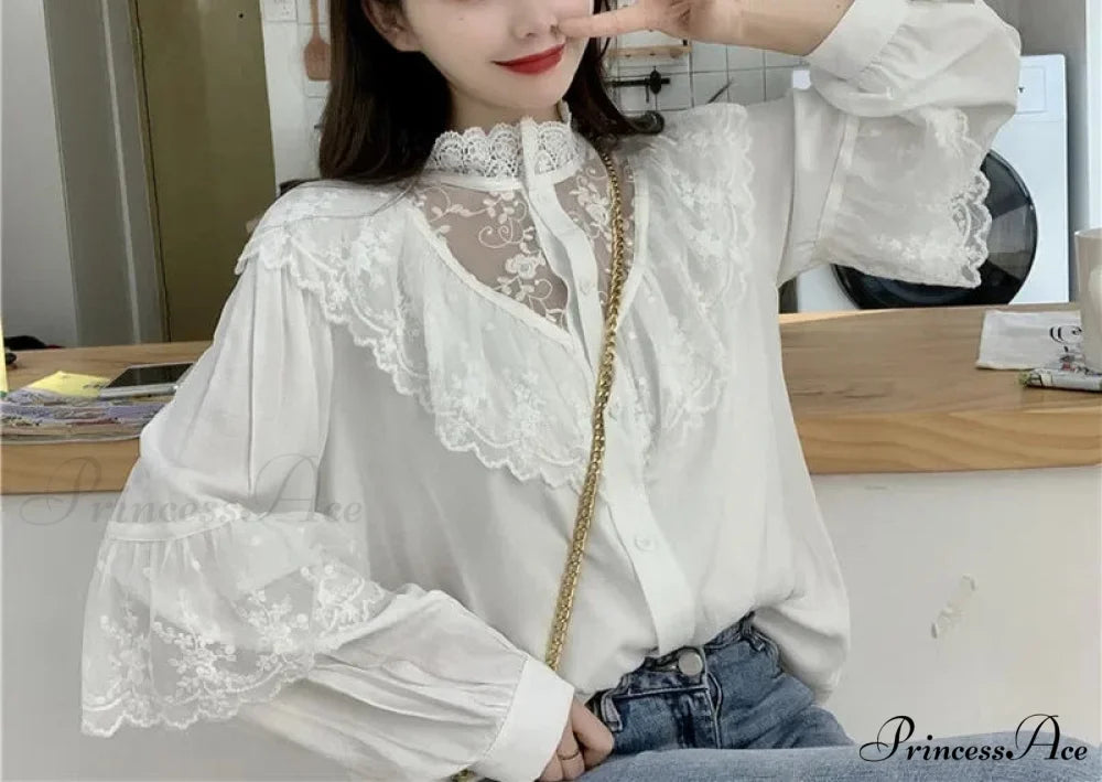Tie Up Frilled Cute Baggy Spring Blouse blouse-250126
