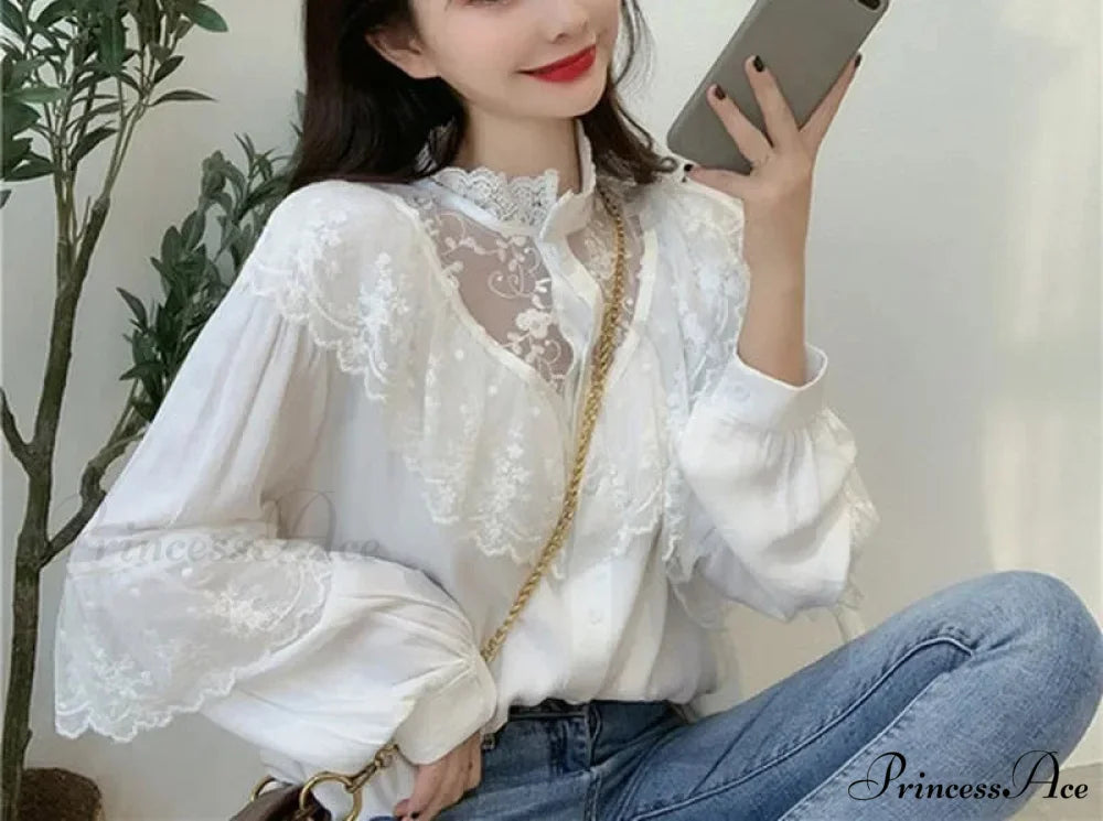 Tie Up Frilled Cute Baggy Spring Blouse WHITE / S blouse-250126