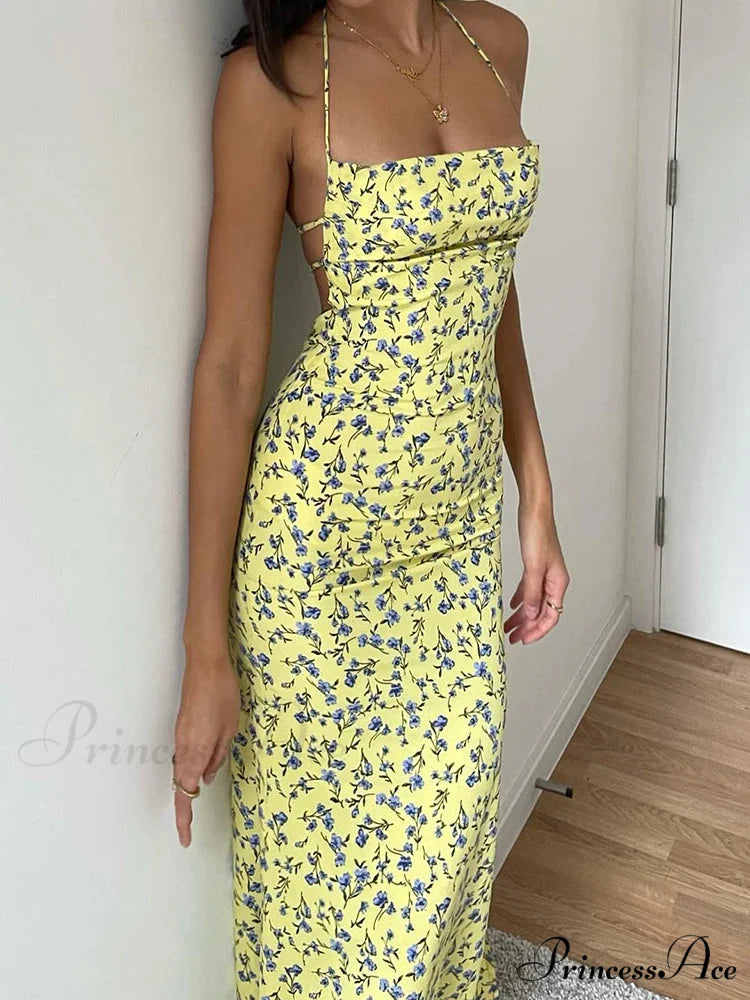 Tie-Up Halter Flower Open-Back Bodycon Dress floraldress-250126