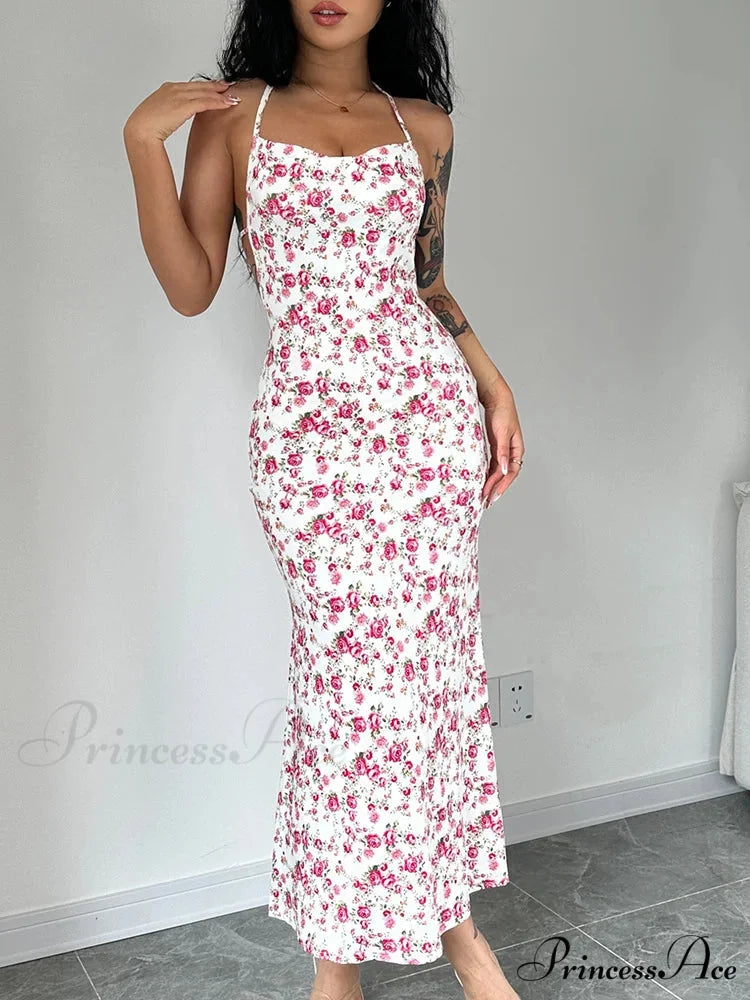 Tie-Up Halter Flower Open-Back Bodycon Dress floraldress-250126