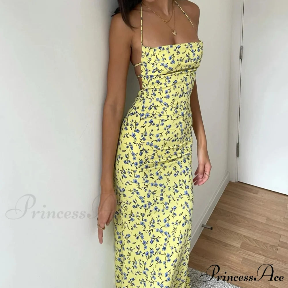 Tie-Up Halter Flower Open-Back Bodycon Dress Yellow / S floraldress-250126