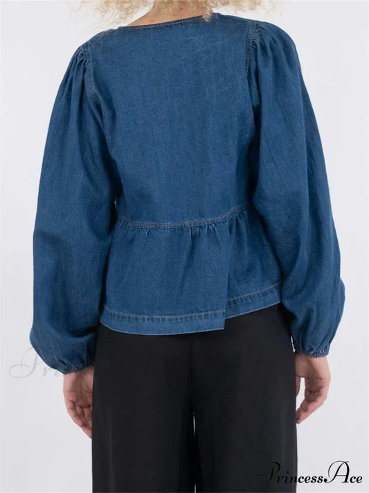 Tie-Up Jeans V-neck Blouse blouse-250223