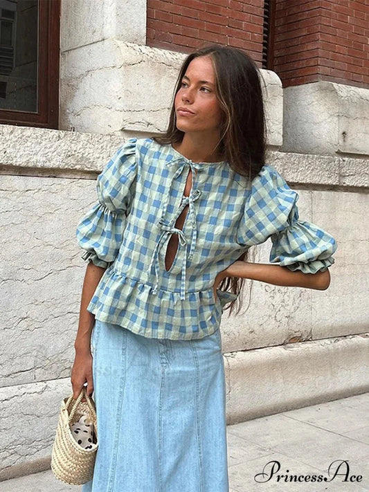 Tie-Up Lace-Up Puff Sleeve Midi Blouse blouse-250223