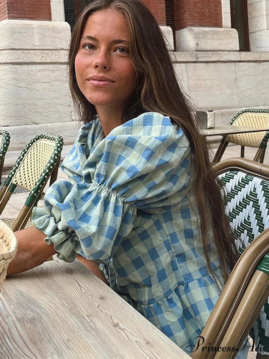 Tie-Up Lace-Up Puff Sleeve Midi Blouse blouse-250223