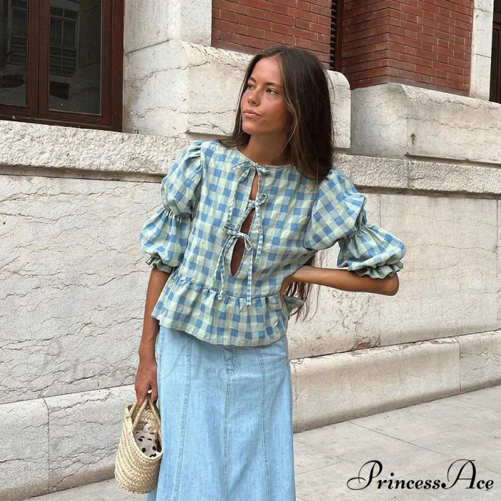 Tie-Up Lace-Up Puff Sleeve Midi Blouse Blue / S blouse-250223