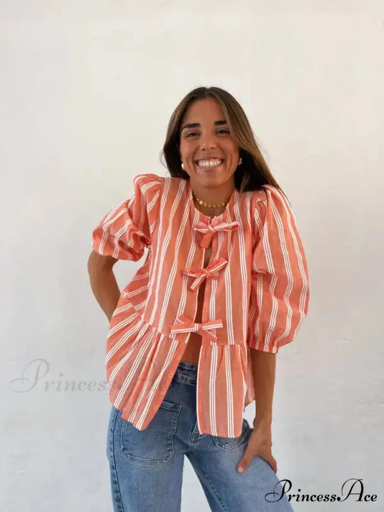 Tie-Up Lace-Up Puff Sleeve Midi Blouse oragnge / S blouse-250223
