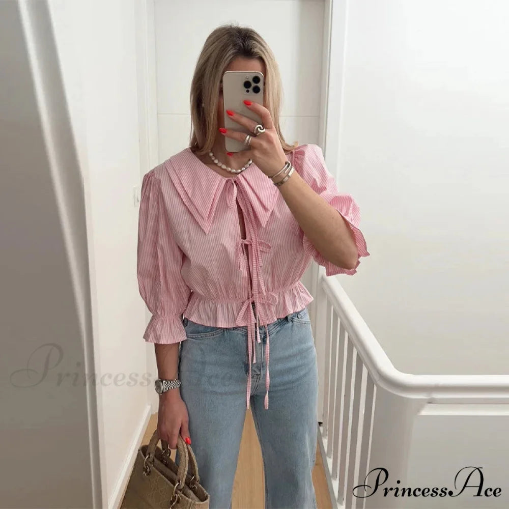 Tie-Up Lace-Up Puff Sleeve Midi Blouse pink a / S blouse-250223