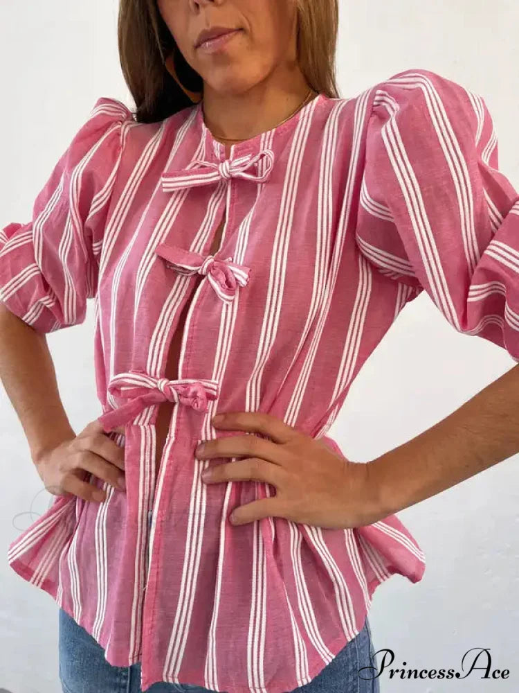 Tie-Up Lace-Up Puff Sleeve Midi Blouse pink b / S blouse-250223