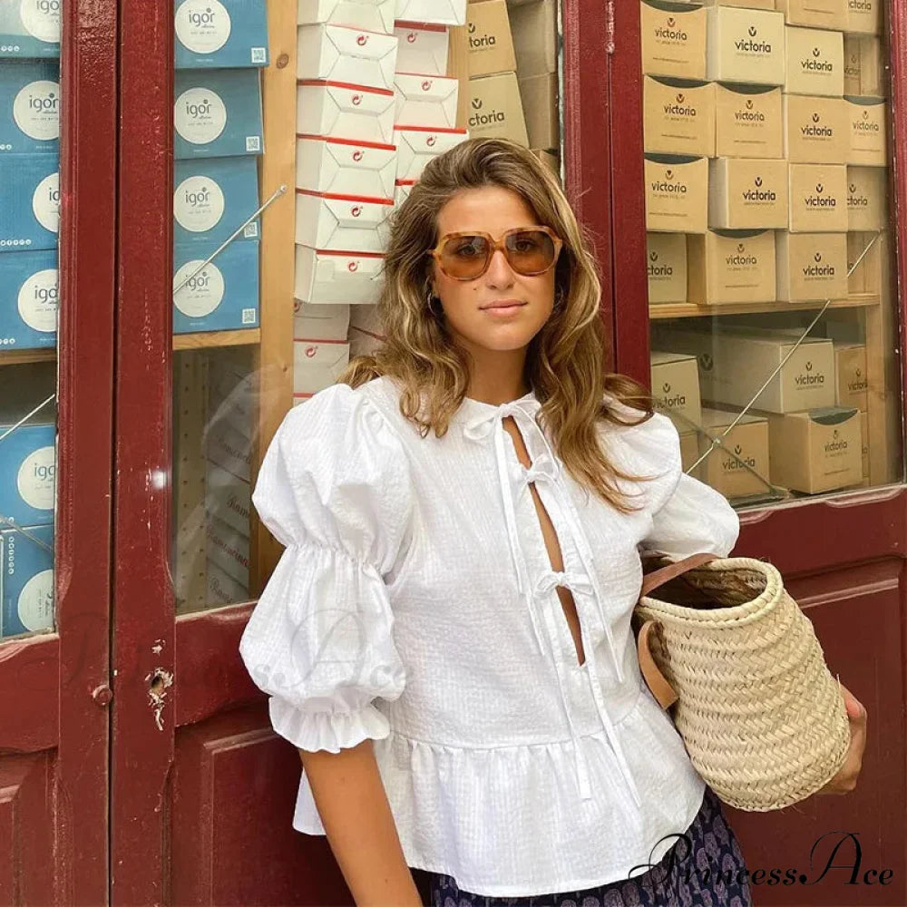 Tie-Up Lace-Up Puff Sleeve Midi Blouse White / S blouse-250223